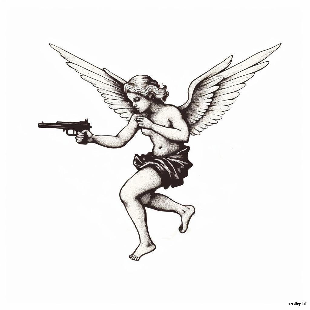 Cherub with a gun black ink tattoo design
