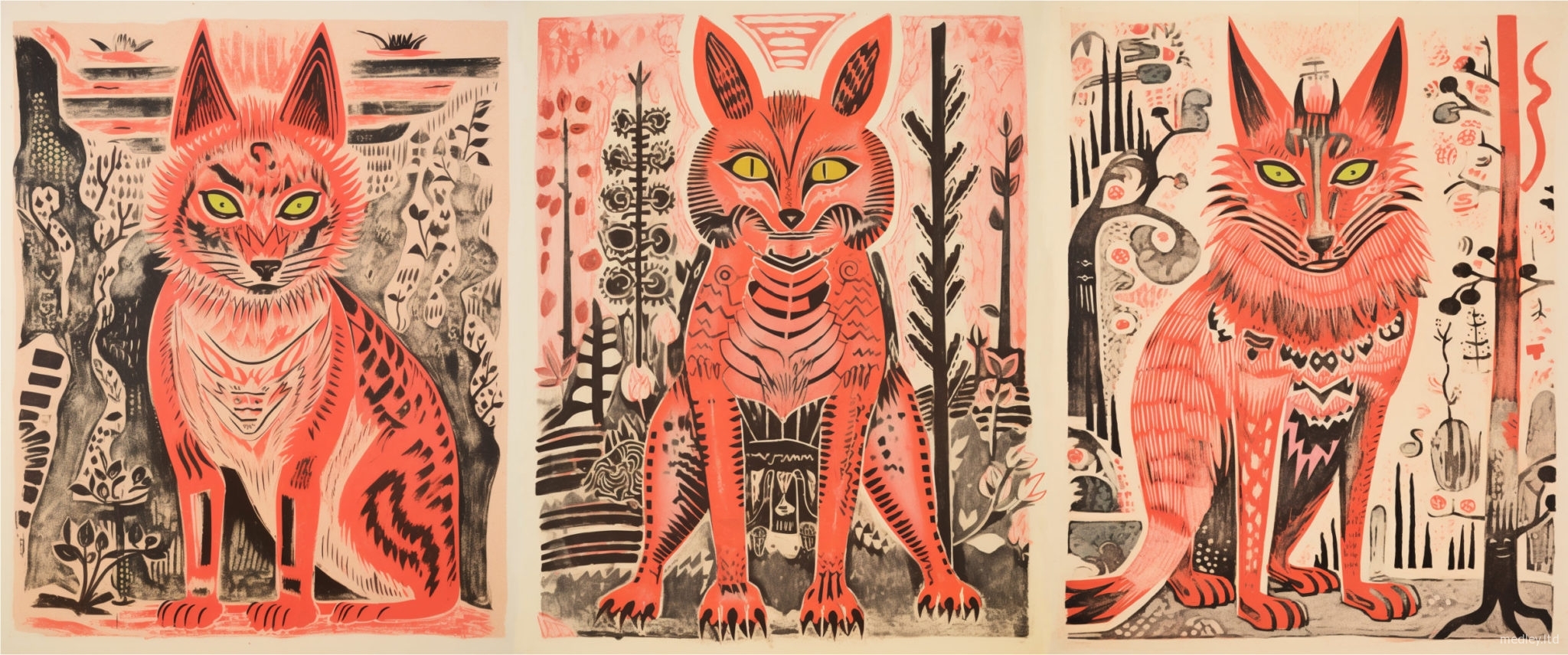 Illustrated triptych of three foxes.