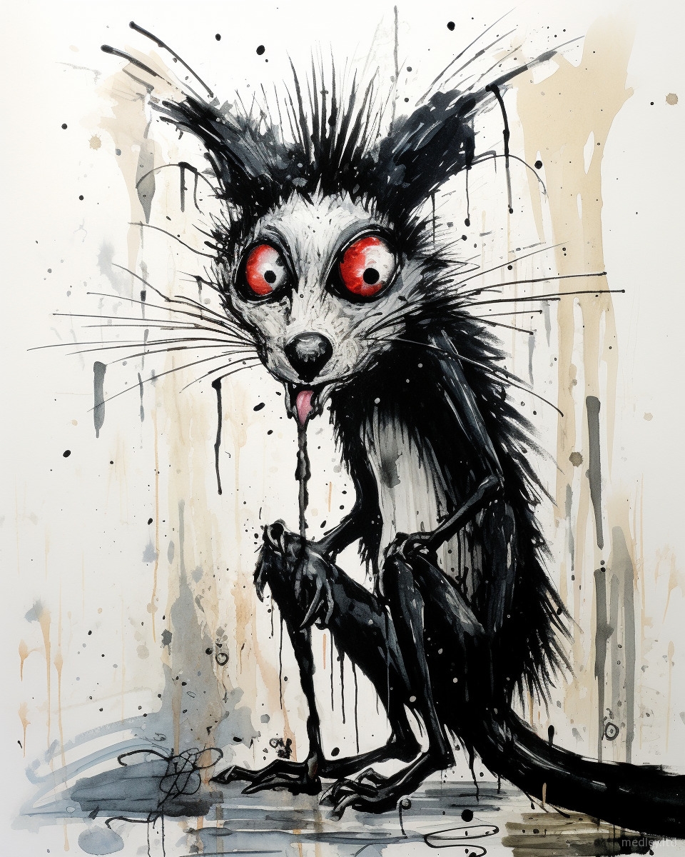 Skunk watercolour and ink illustration, inspired by Ralph Steadman