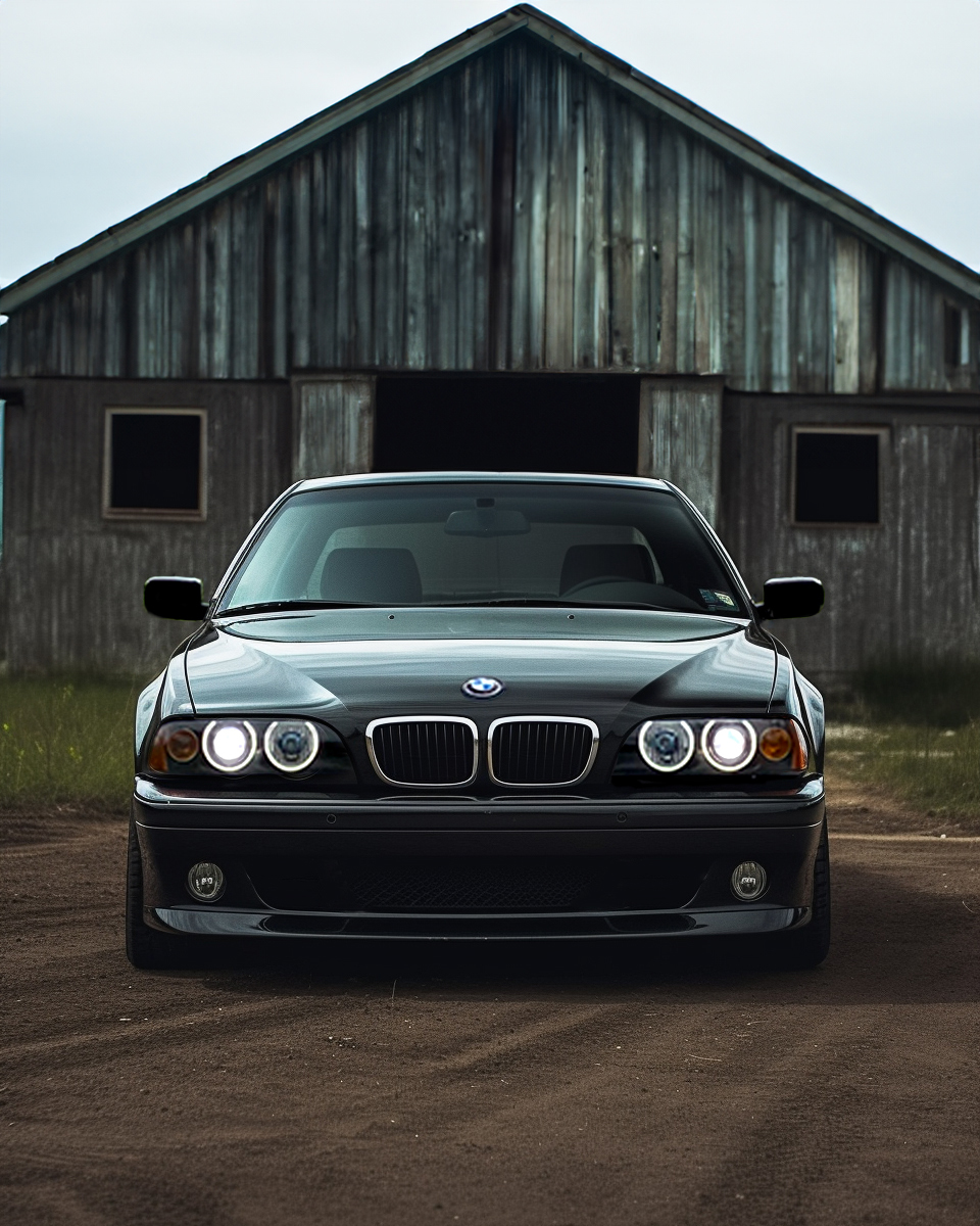 BMW E39 530i MTech parked in front of a rustic barn