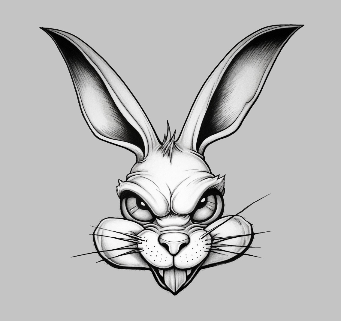 Black-and-white tattoo design of an evil Bugs Bunny cartoon character