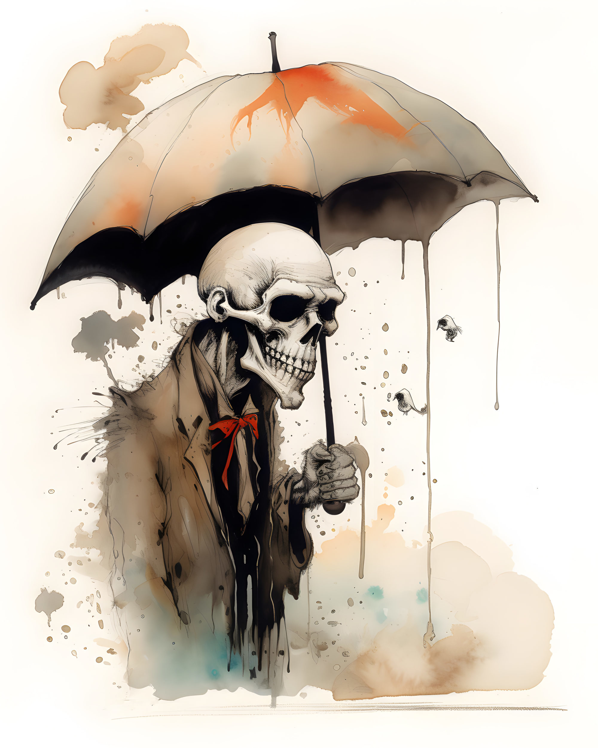'Ink the Reaper' - Captivating Grim Reaper illustrations with black ink and watercolor splotches, exploring mortality and eternity.