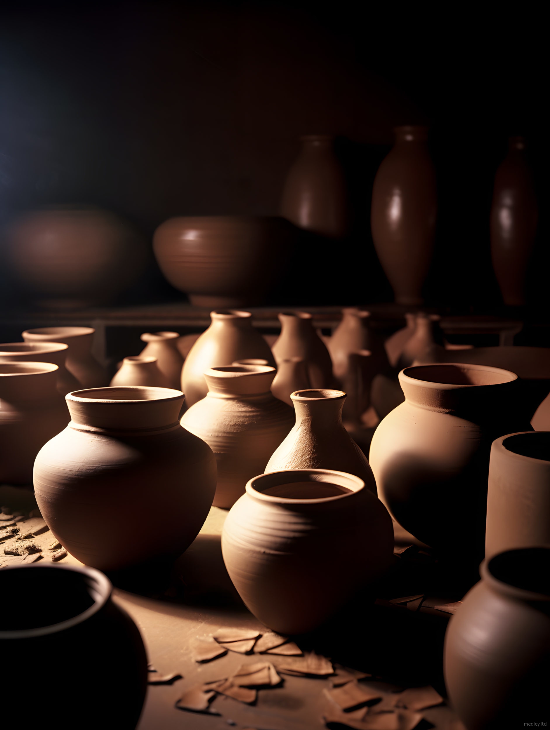 Textured clay pottery captured in striking shadows
