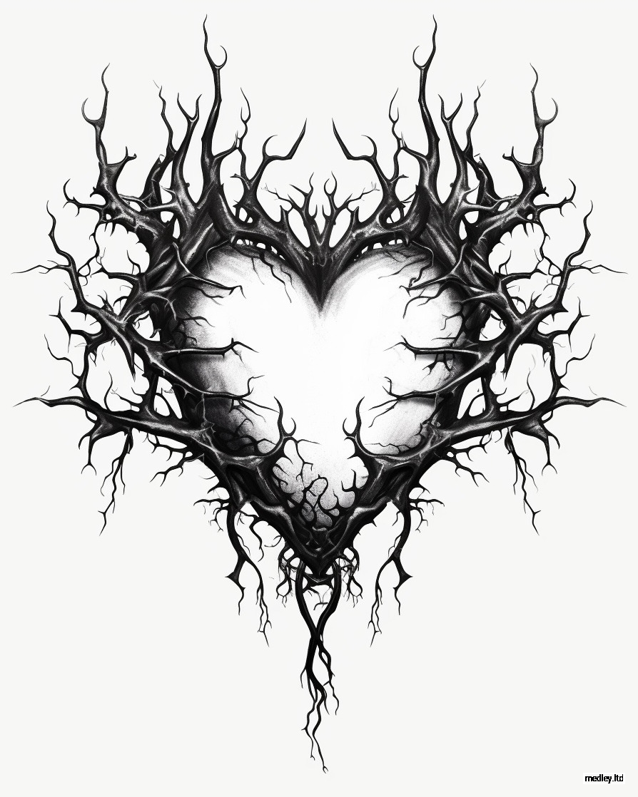 Black ink tattoo design of a heart surrounded by roots.