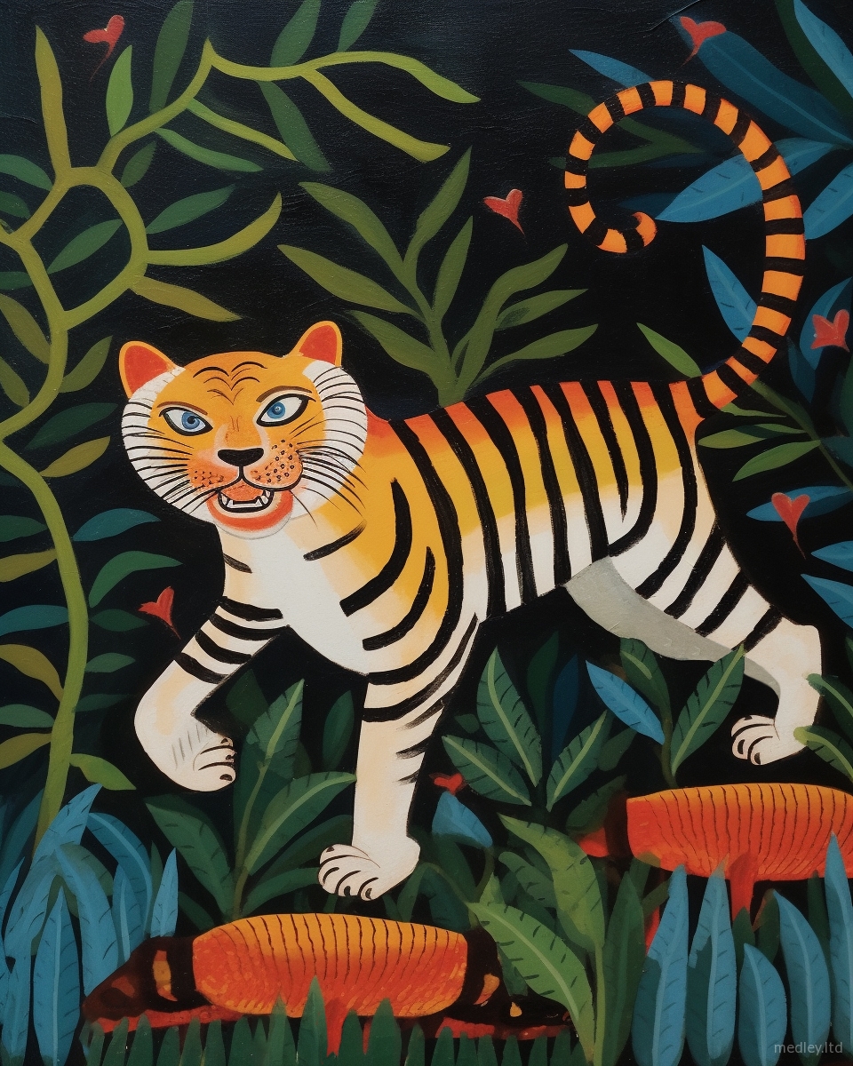 Whimsical Tiger Illustration - Imaginative depiction of a tiger in a dreamlike jungle