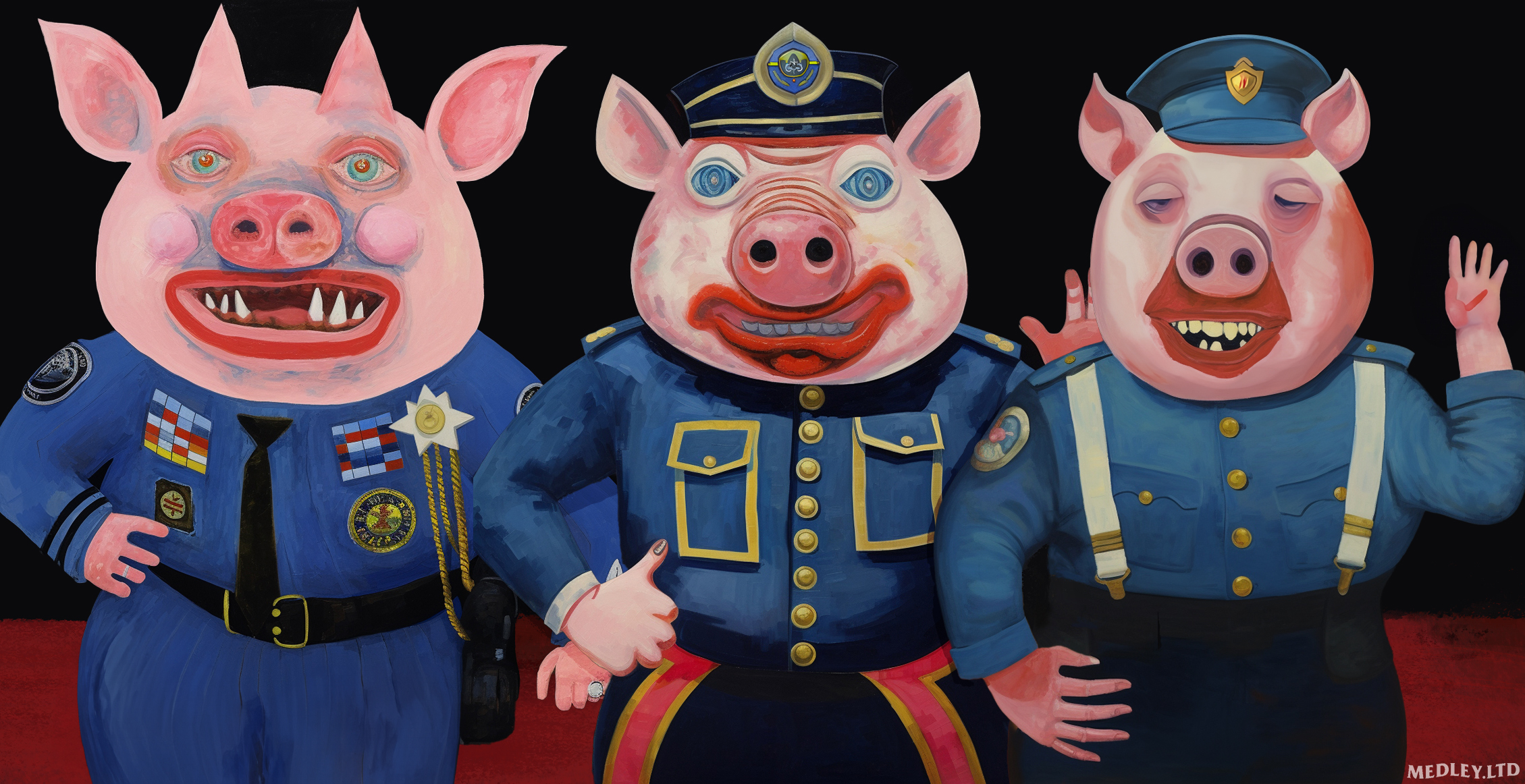 Painting of three little police piggies by artist Matt Medley.