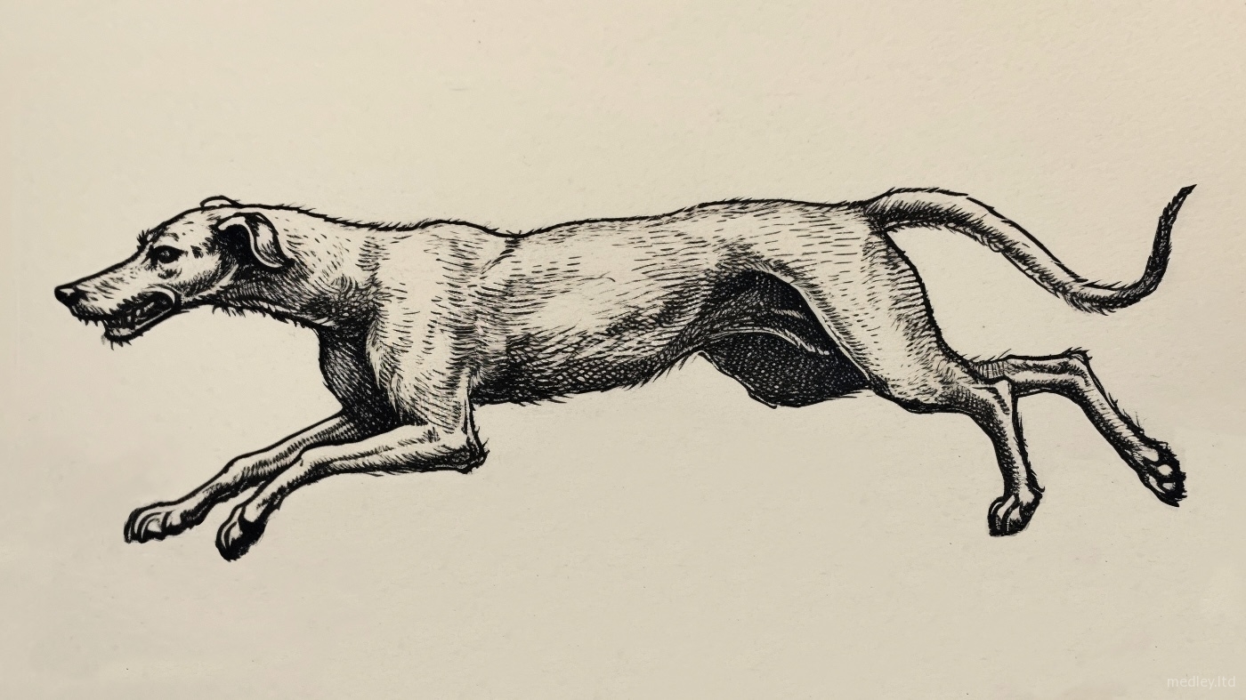 Black ink etching style tattoo design of Odysseus' faithful dog Argos by artist Matt Medley.