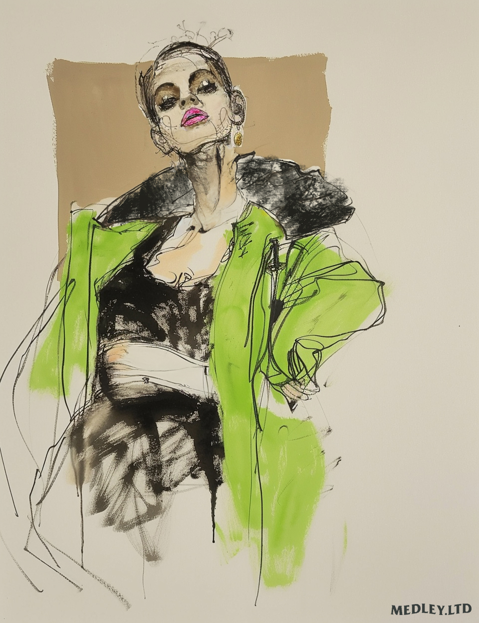 Fashion illustration of a chartreuse women’s coat