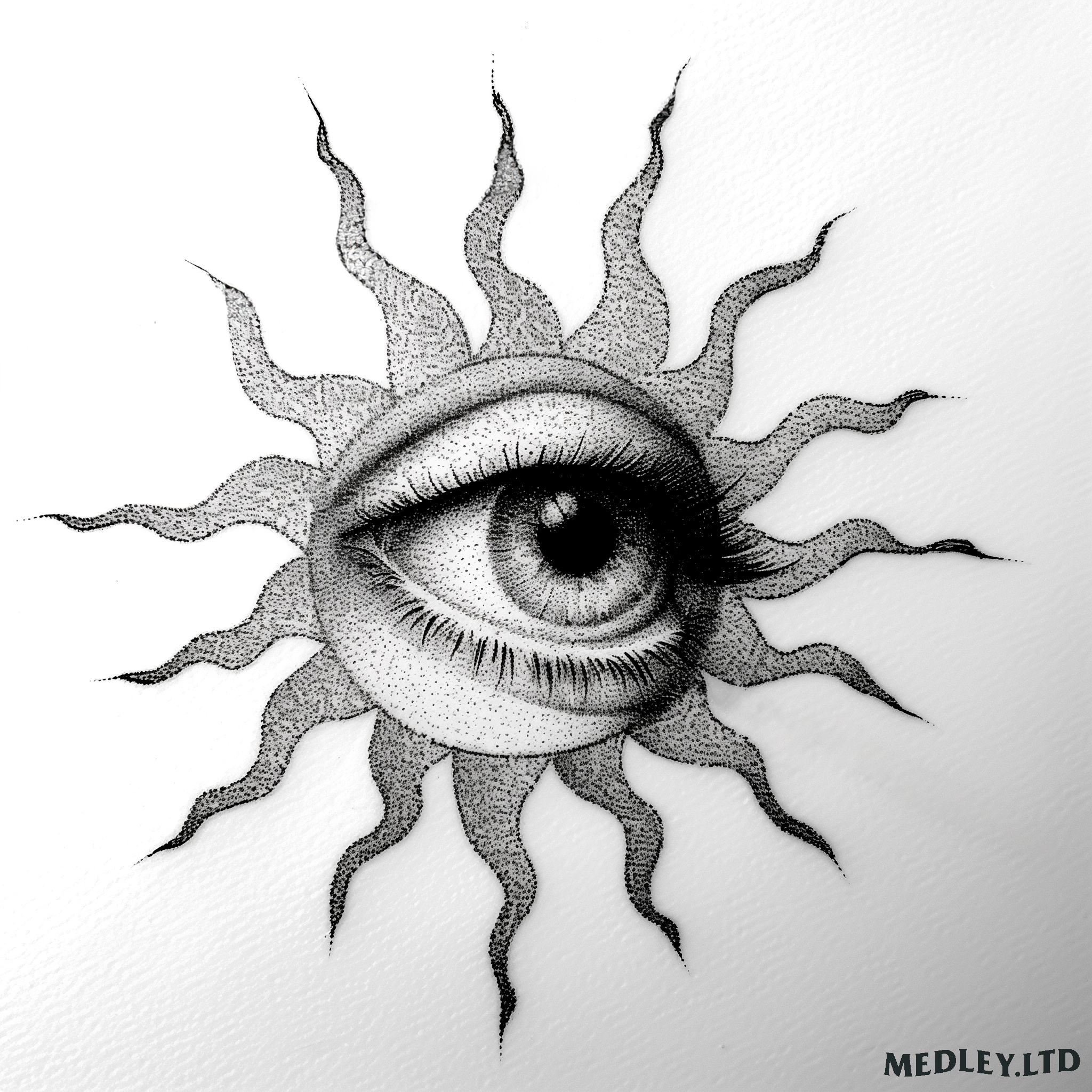 Sunna’s Gaze black ink fine detail tattoo illustration by artist Matt Medley.