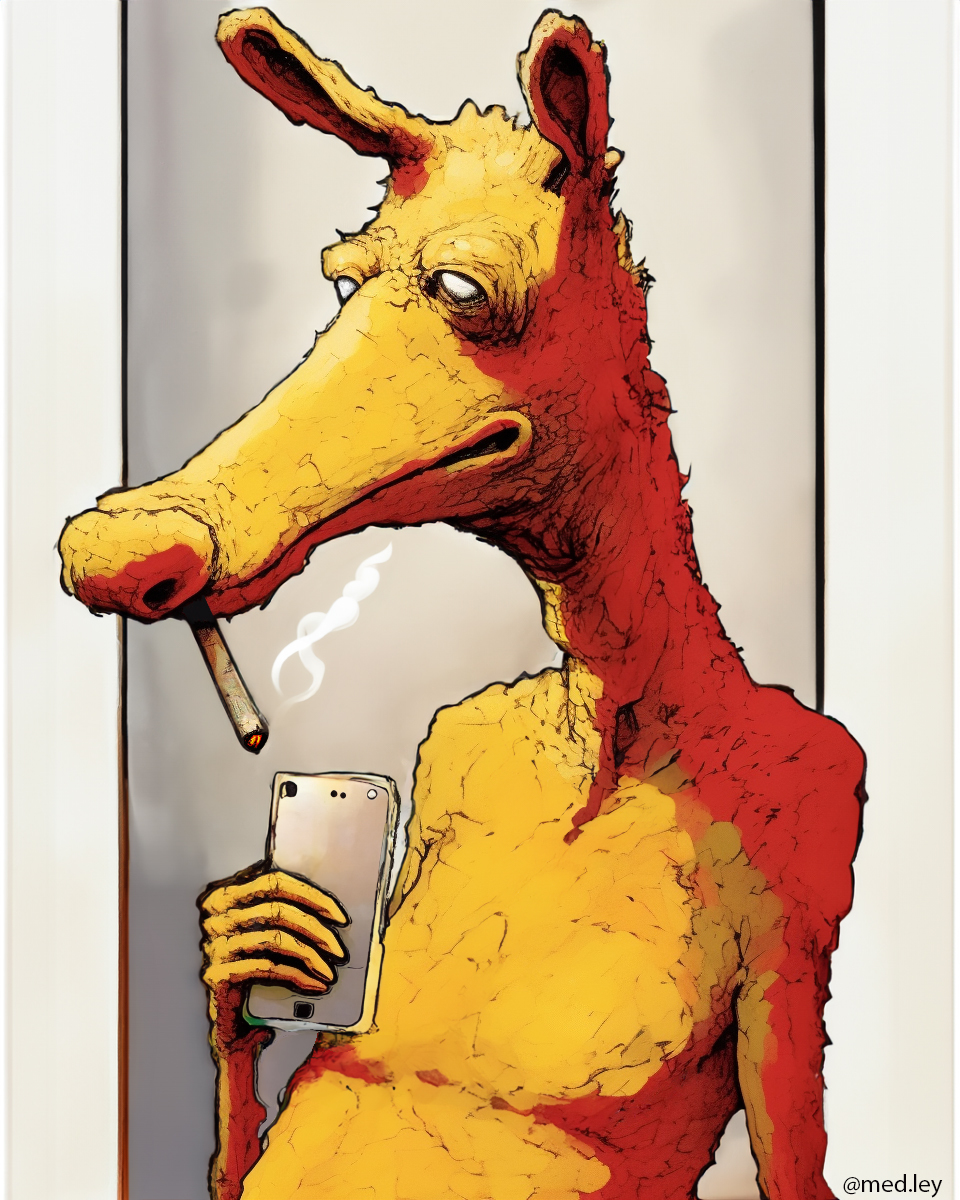 Fan art illustration of Quasimoto’s Lord Quas character. Illustrated as an older lord quas smiling a cigarette and taking a selfie