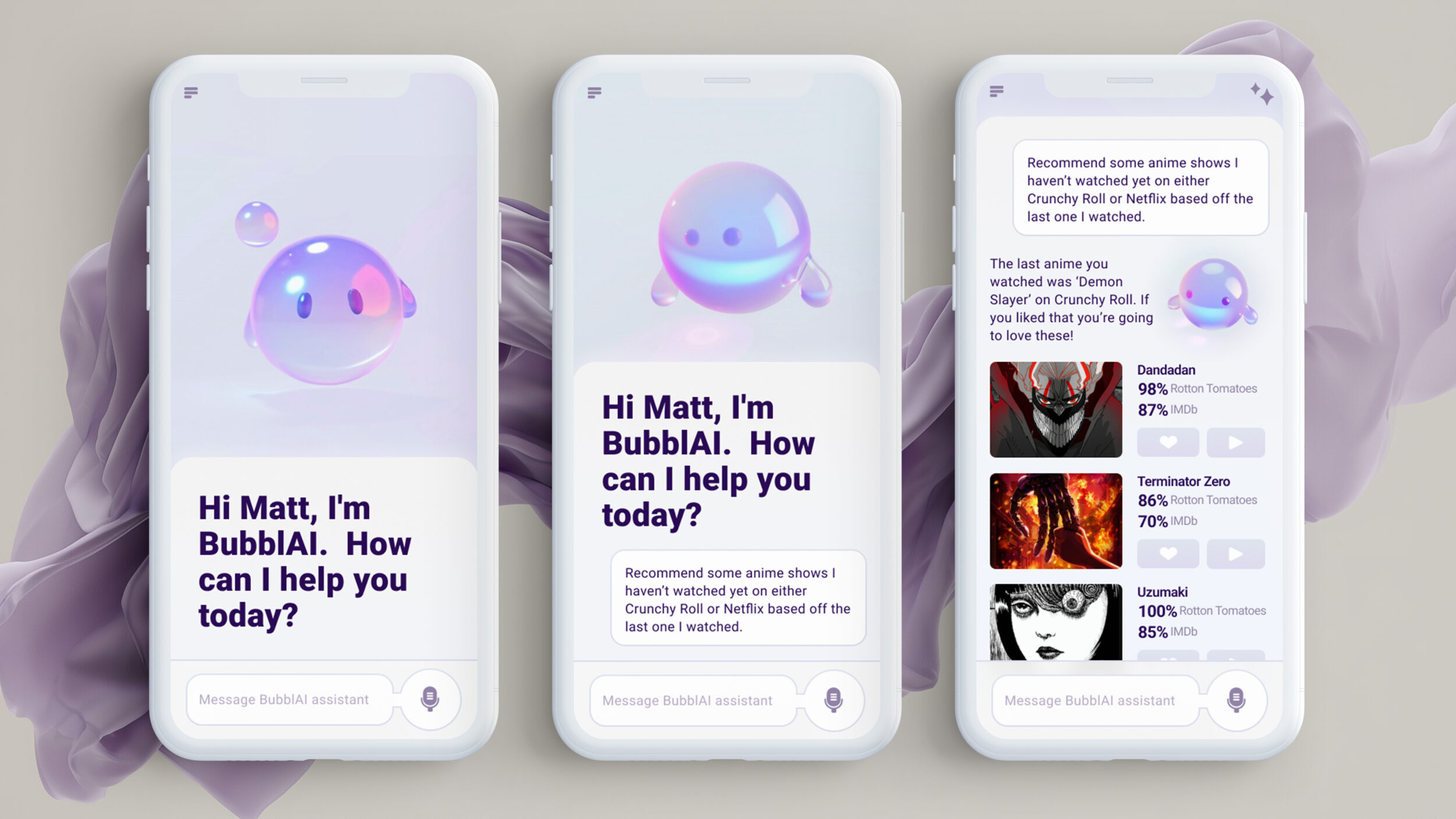 Three mobile screens showing the BubblAI assistant app UI, featuring a soft iridescent bubble character with expressive eyes. The screens display a friendly chat interface where BubblAI greets the user, processes a text query for anime recommendations, and presents personalized results with thumbnails, ratings, and interaction buttons—all styled in a clean, minimal pastel interface.
