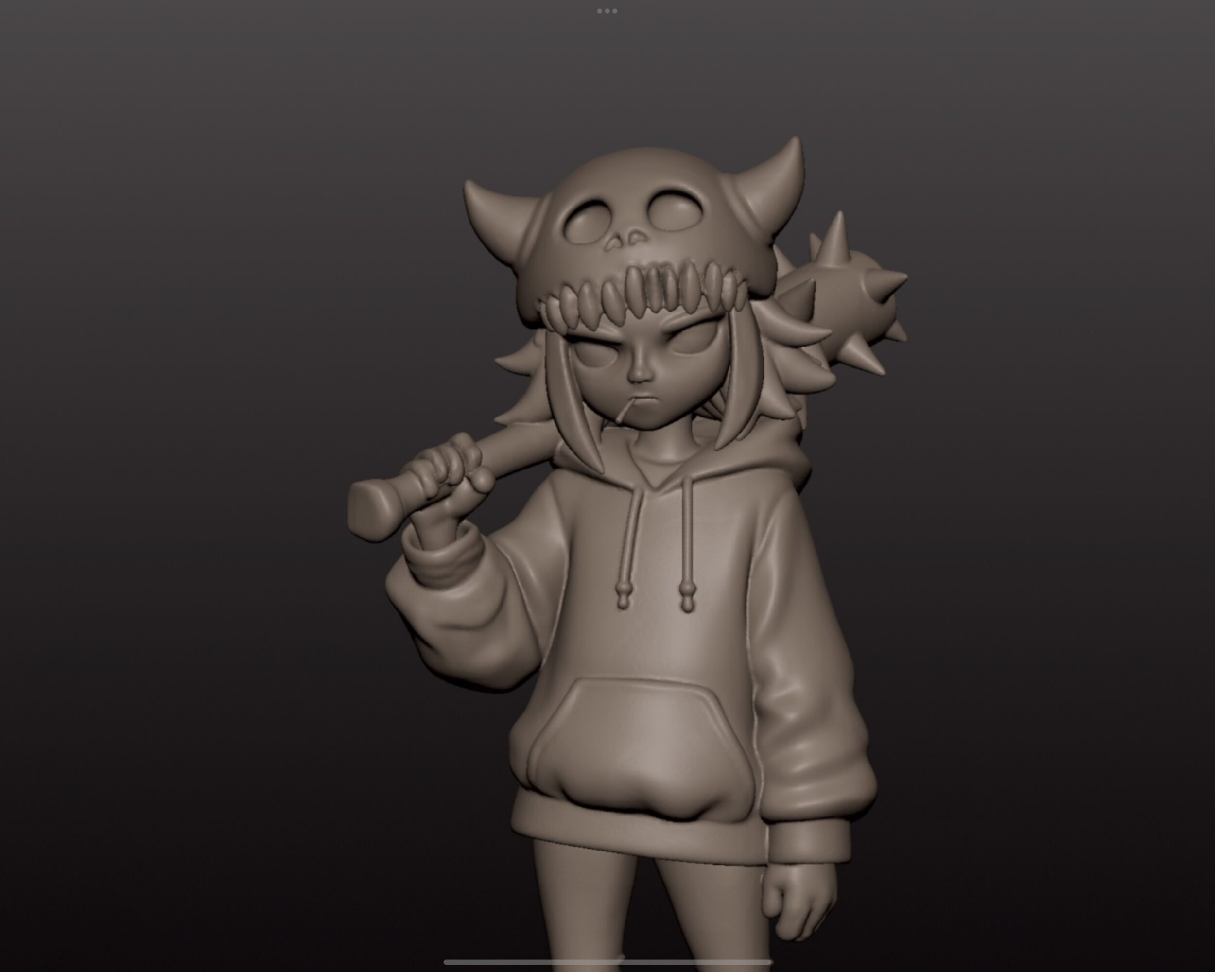 3D sculpt of Shordy, a stylized anime character wearing a horned skull cap and hoodie, holding a spiked bat over her shoulder, modeled in Nomad Sculpt.