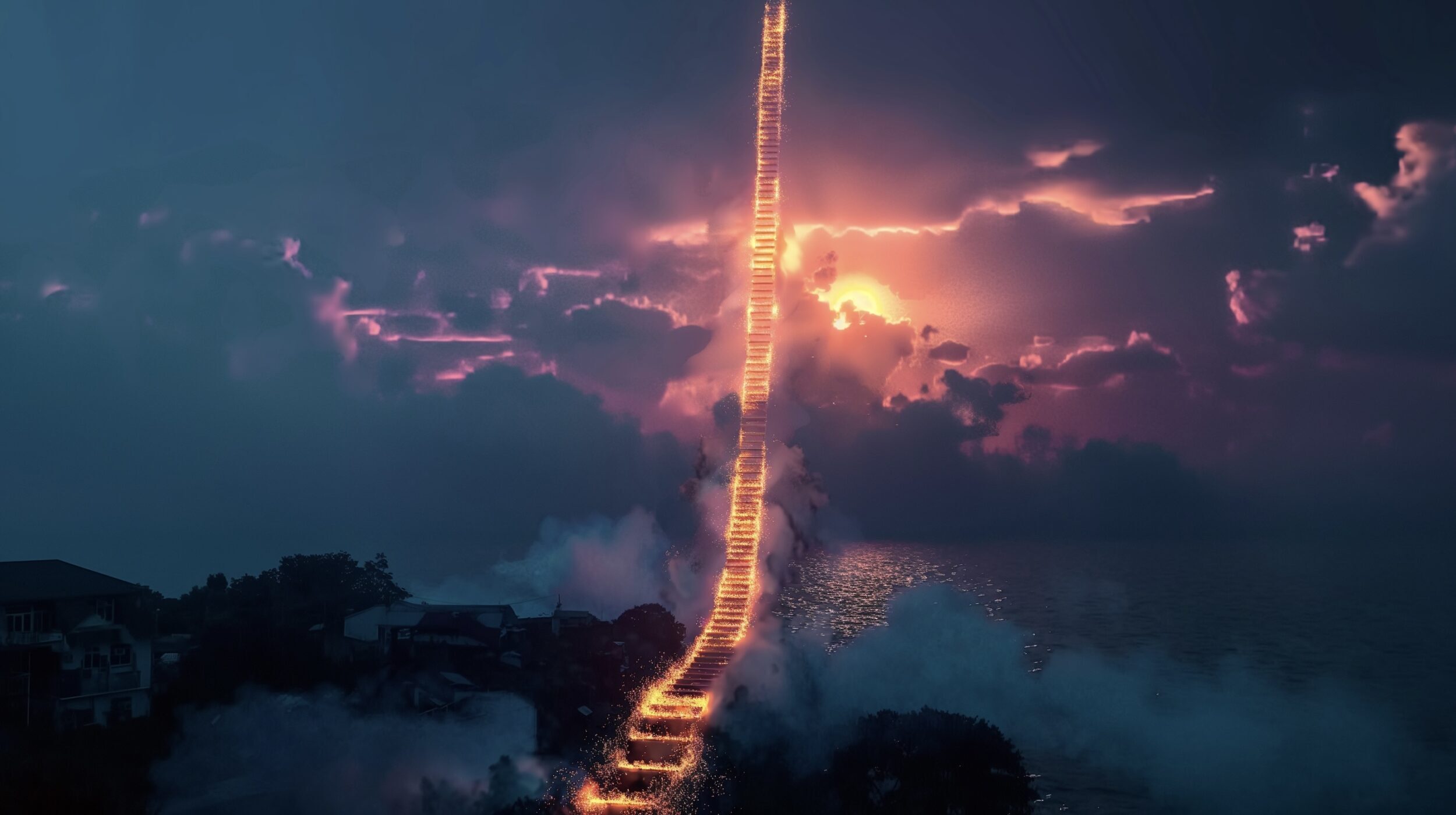 A glowing staircase made of fire and light ascends into a surreal, stormy sky at sunset, symbolizing growth, transformation, and the journey from execution to influence.