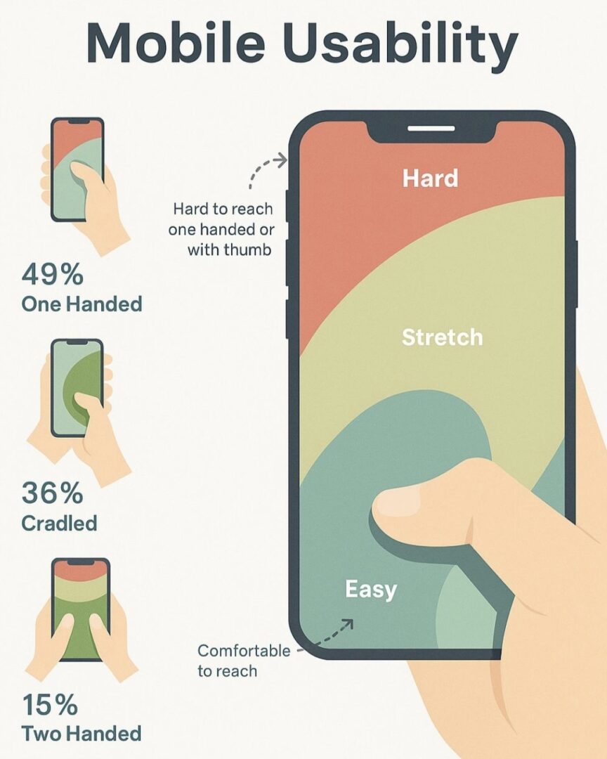An infographic titled “Mobile Usability” showing thumb reach zones on a smartphone screen. The screen is divided into three coloured areas: red (“Hard”), yellow (“Stretch”), and green (“Easy”). It also shows how users typically hold their phones: 49% one-handed, 36% cradled, and 15% two-handed. Annotations highlight that the top-left corner is hard to reach one-handed, while the bottom right is comfortable.