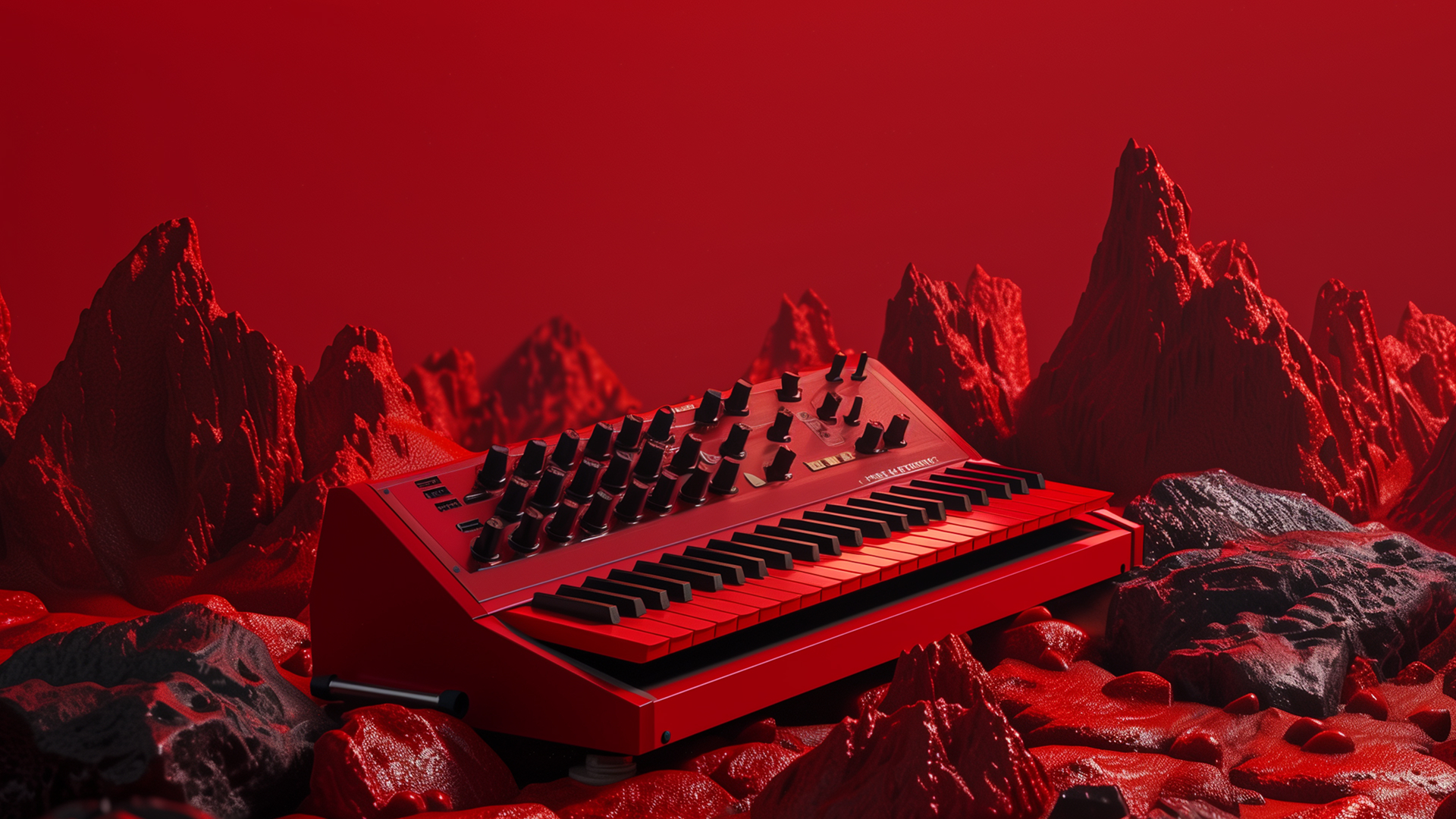 3D-rendered red synthesizer with multiple knobs and keys, placed in a surreal red rocky landscape.