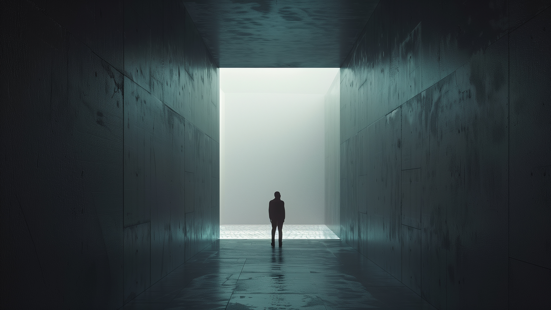 Silhouetted figure standing in a dark, futuristic corridor facing a glowing exit