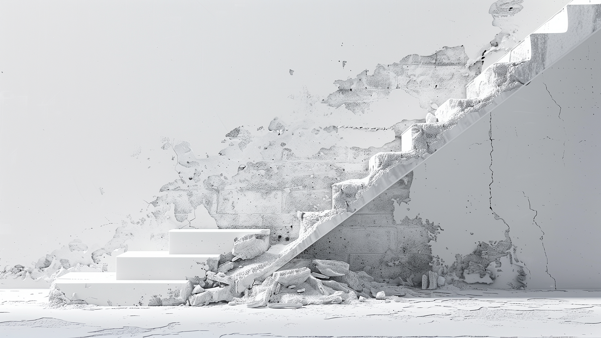 A background of broken concrete stairs against a white wall, symbolizing design barriers.