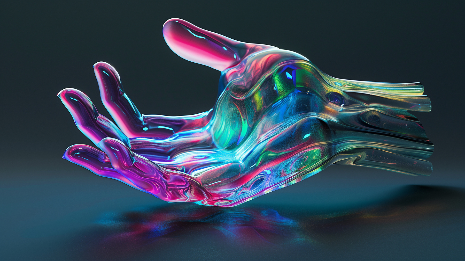 A vibrant, fluid glass-like sculpture in shifting neon colours floats on a dark background.