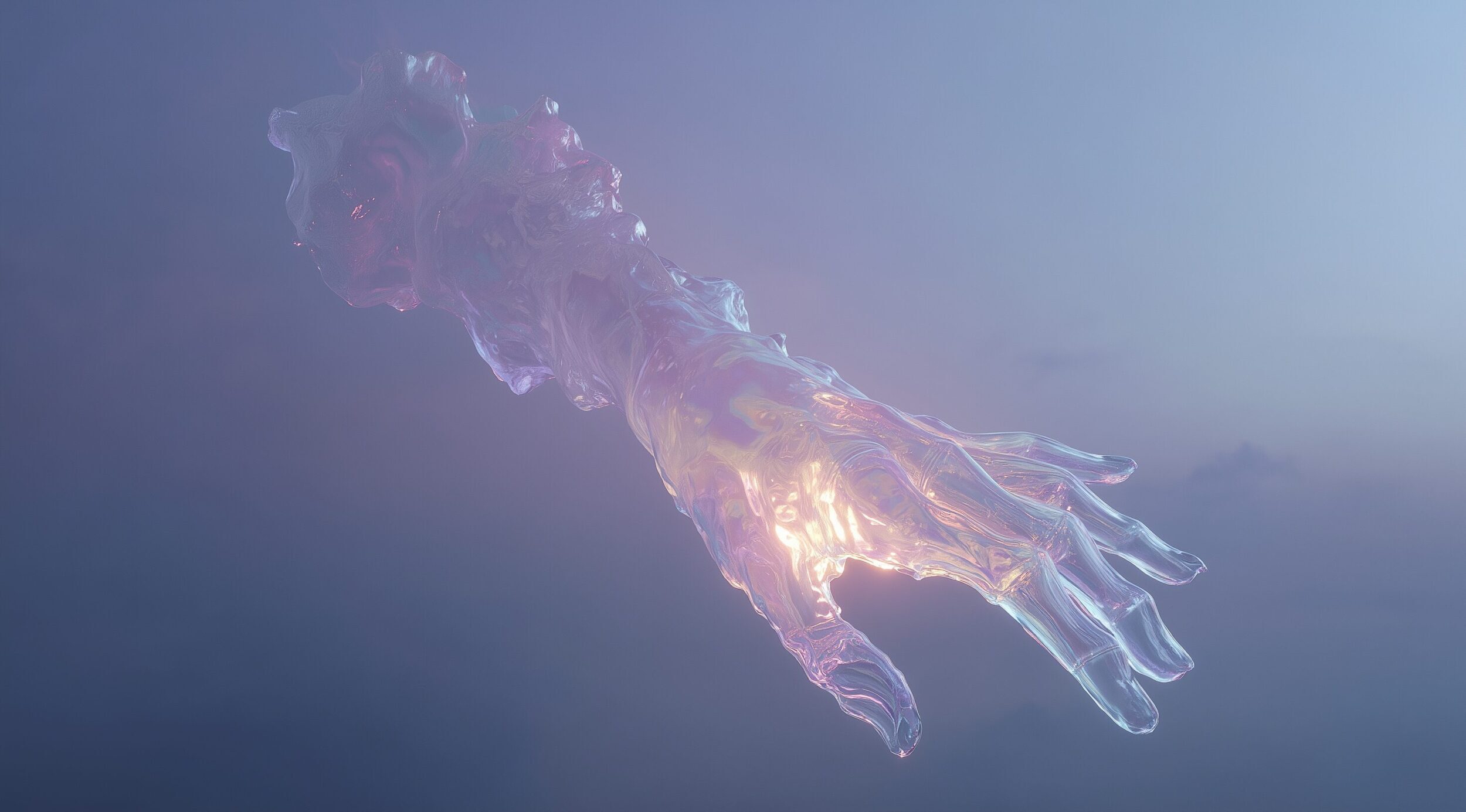 Transparent glass-like hand reaching out in midair, glowing with soft purple and gold light against a hazy dawn sky.