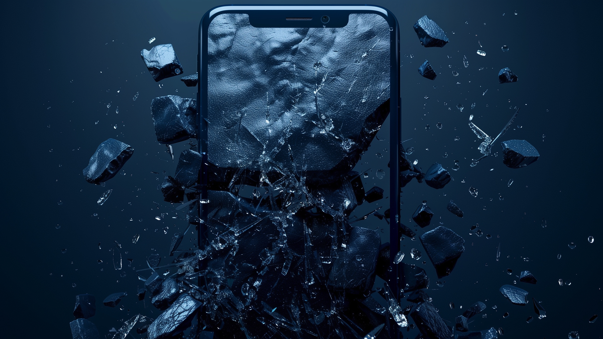 A dramatic image of a smartphone shattering mid-air