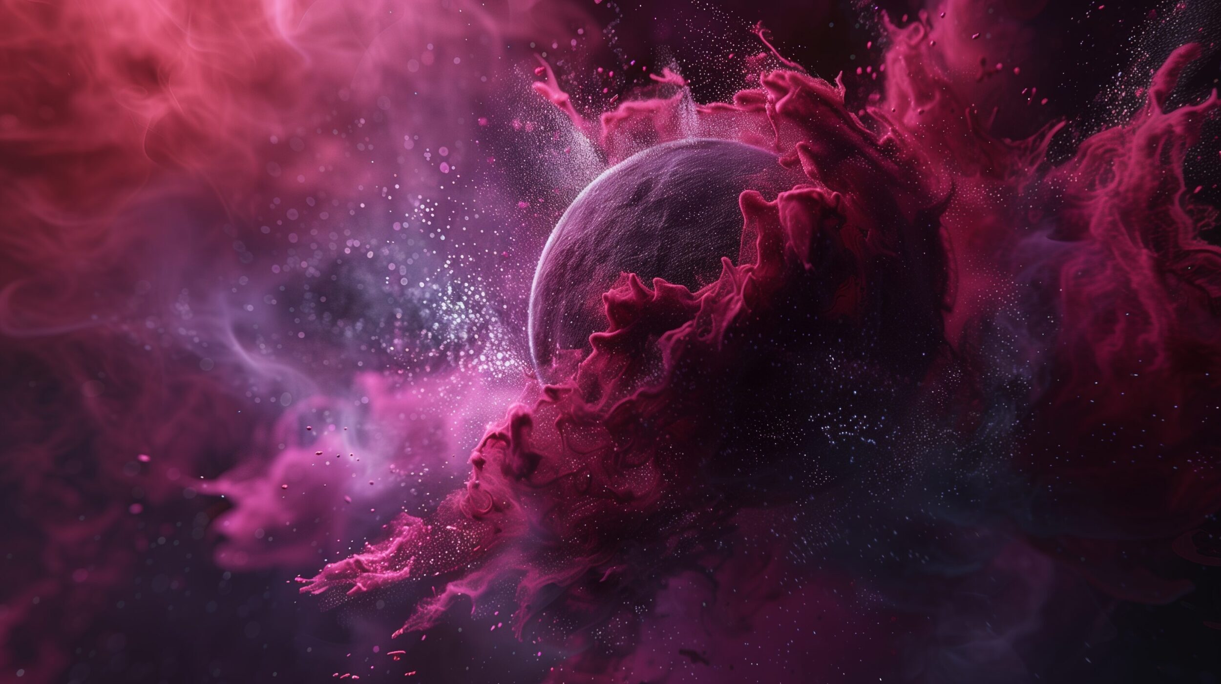 Abstract purple and crimson cosmic cloud swirling around a digital planet.