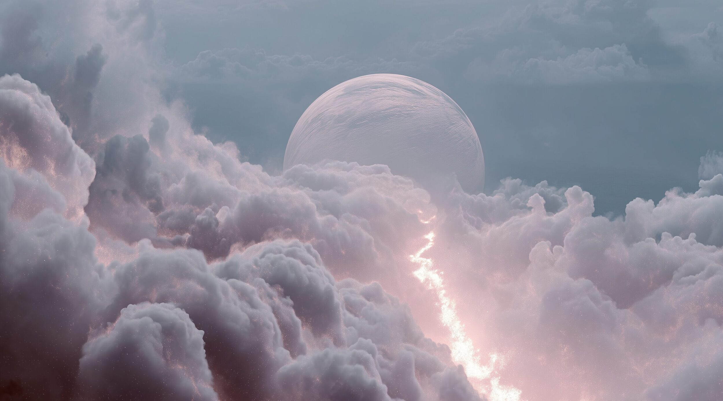 Soft pink and lavender clouds illuminated by a glowing light trail, with a giant translucent sphere rising in the distance under a dreamy, pastel sky.