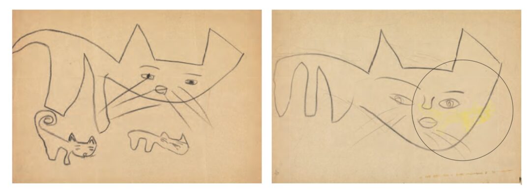 Early pencil sketches of a mother cat and kitten drawn by the daughter of Yamato’s designer, which inspired the Kuroneko logo. The drawings show large cat heads with gentle, protective postures on aged paper.