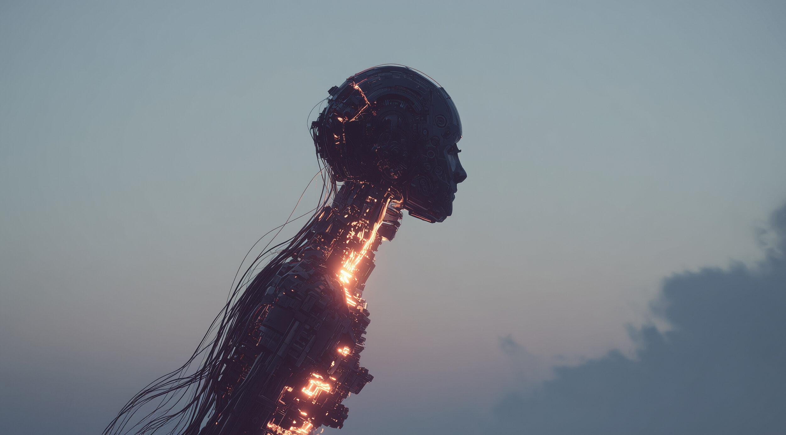 Side profile of a humanoid AI figure with glowing internal circuits and trailing wires, silhouetted against a twilight sky.