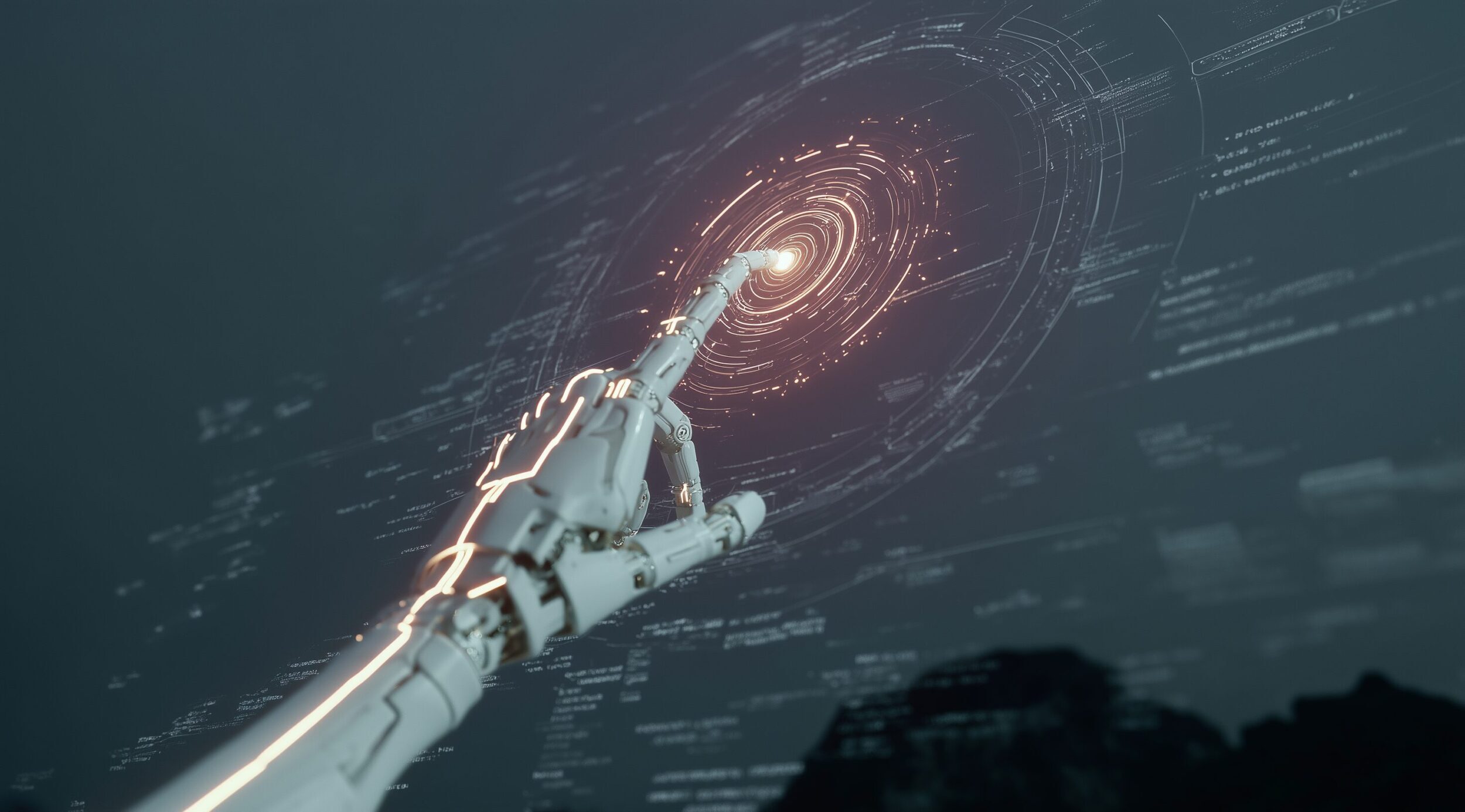 Futuristic robotic hand reaching toward a glowing digital interface surrounded by data points and circular UI elements, symbolizing AI interaction and agentic UX.