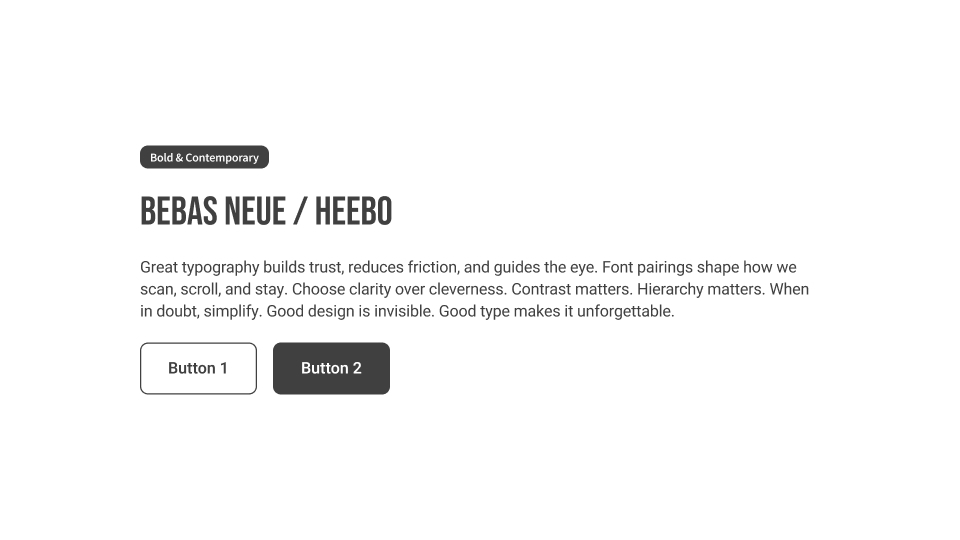 UI card using Bebas Neue for headers and Heebo for body text in a bold, modern layout