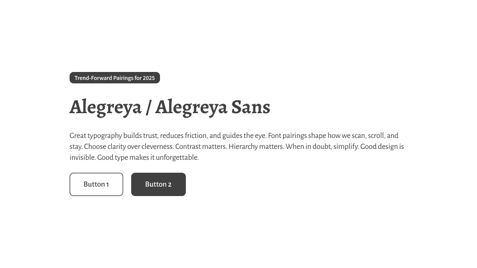 UI card pairing Alegreya headers with Alegreya Sans body copy, designed for reading depth