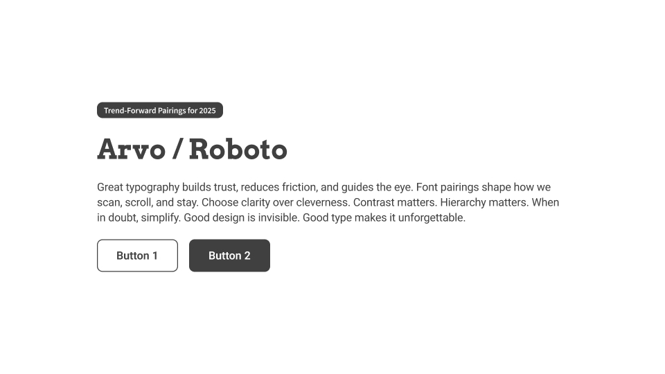 UI card using Arvo for the heading and Roboto for body text, creating a balanced slab-and-sans look