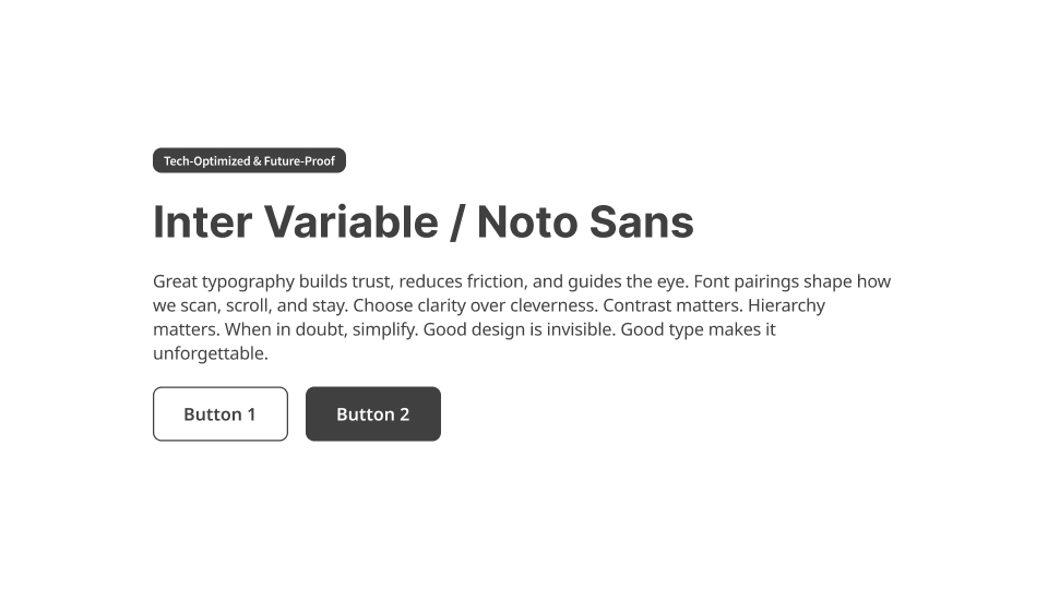 UI card showing Inter Variable for headers and Noto Sans for body copy in a multilingual-ready layout