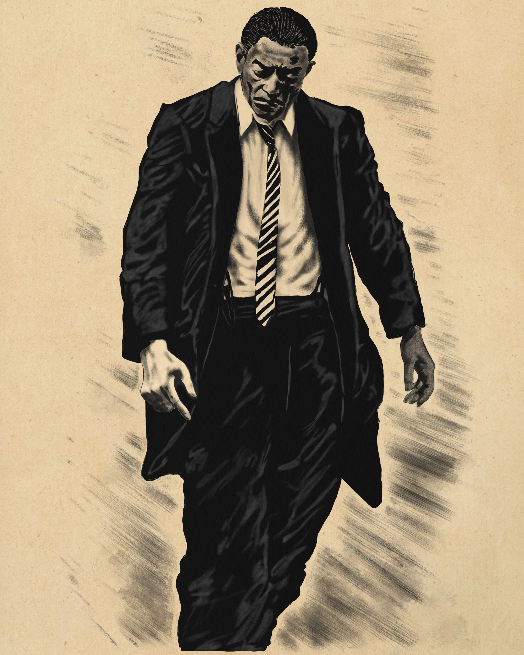 Digital illustration of an exhausted salaryman walking forward with slumped shoulders and head bowed. He wears a dark suit and striped tie, his coat swinging with his stride. Rendered in monochrome with textured shading on a beige background.