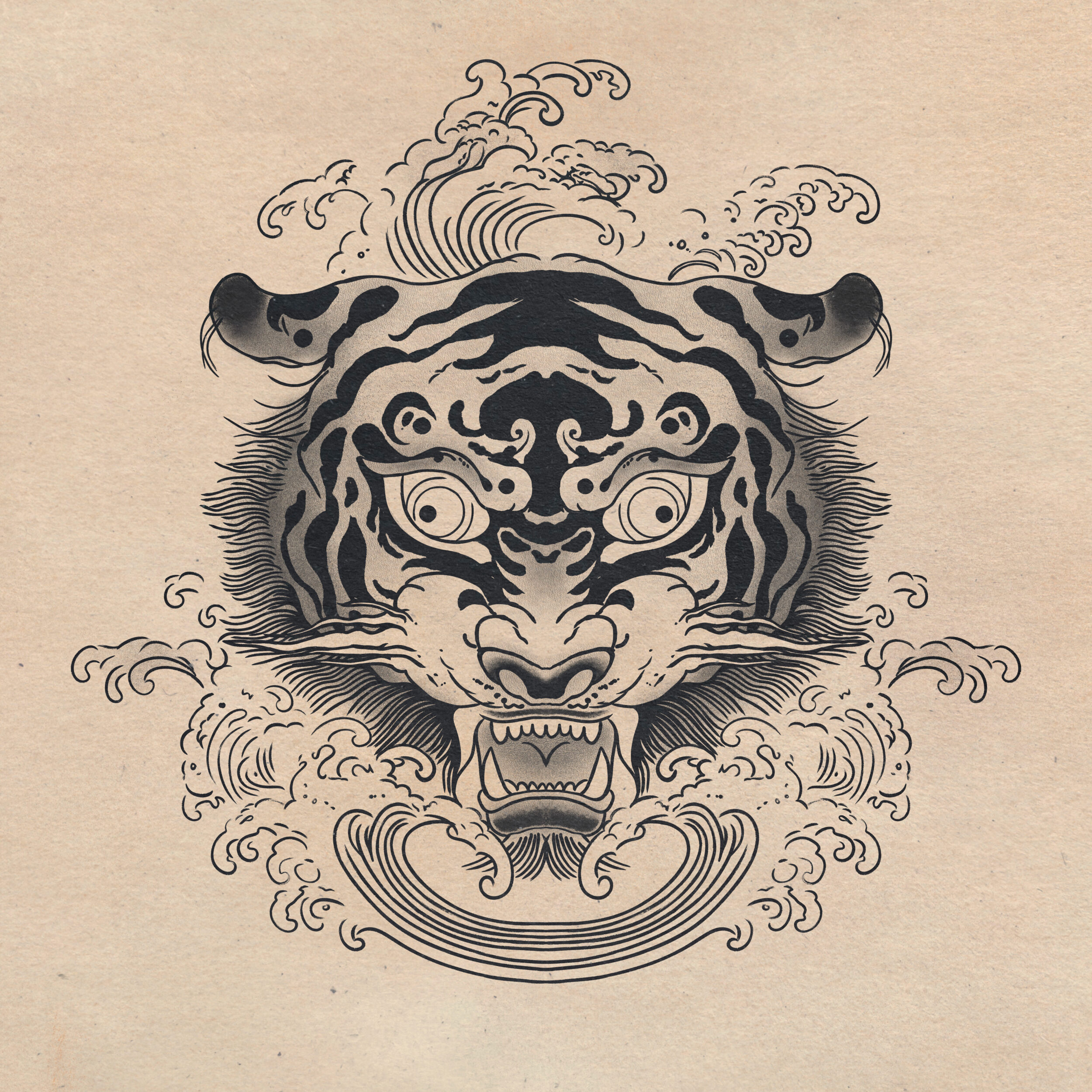 Stylized ink illustration of a roaring tiger with flowing tendril-like whiskers, inspired by East Asian mythological art and traditional sumi-e linework