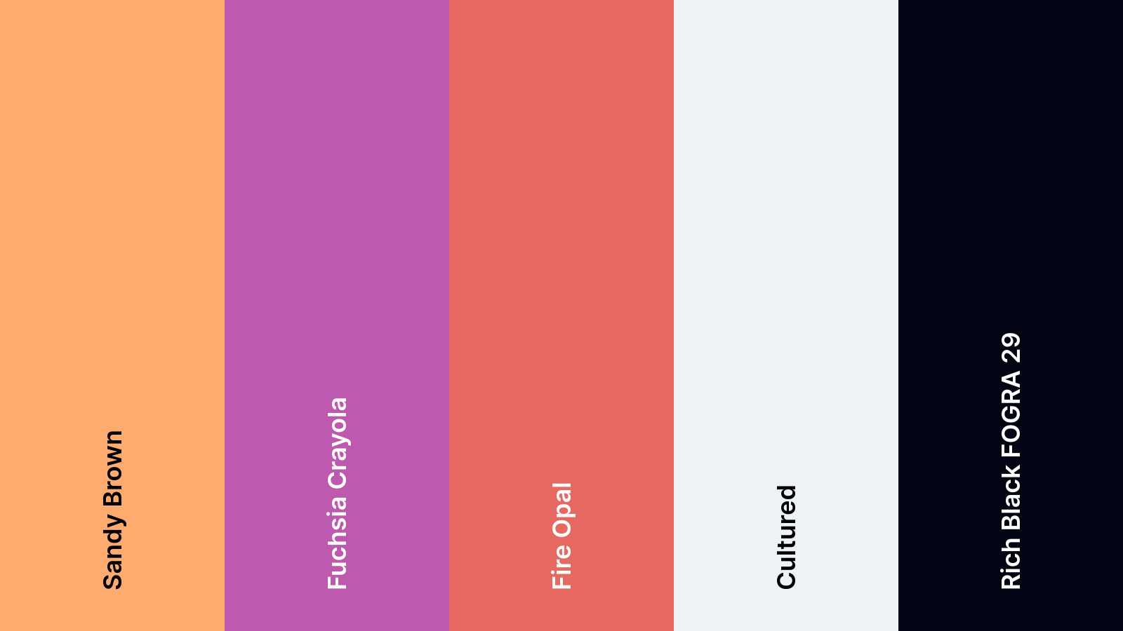 Noctis Labs brand colour palette displaying Sandy Brown, Fuchsia Crayola, Fire Opal, Cultured, and Rich Black FOGRA 29, representing ignition, energy, warmth, clarity, and space.