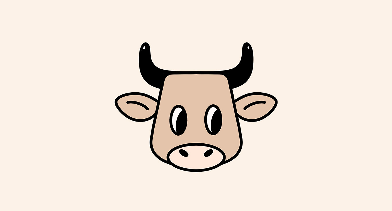 Minimalist cartoon cow head logo with bold black horns and wide eyes, designed for MOOMU dairy brand on a cream background.