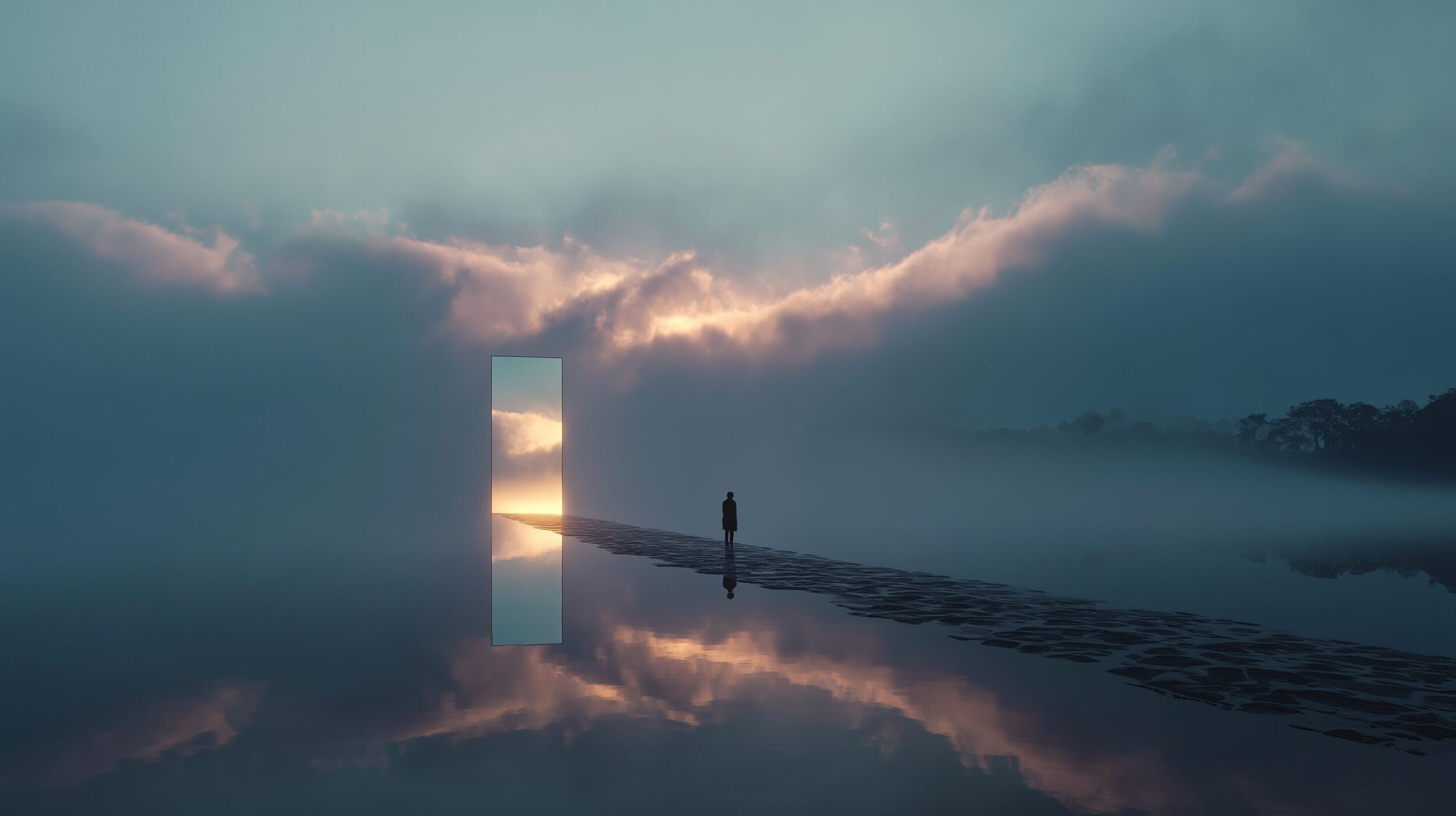 A solitary figure stands on a mist-covered path leading toward a glowing rectangular portal in the clouds, its reflection mirrored in still water beneath a pastel sunrise.