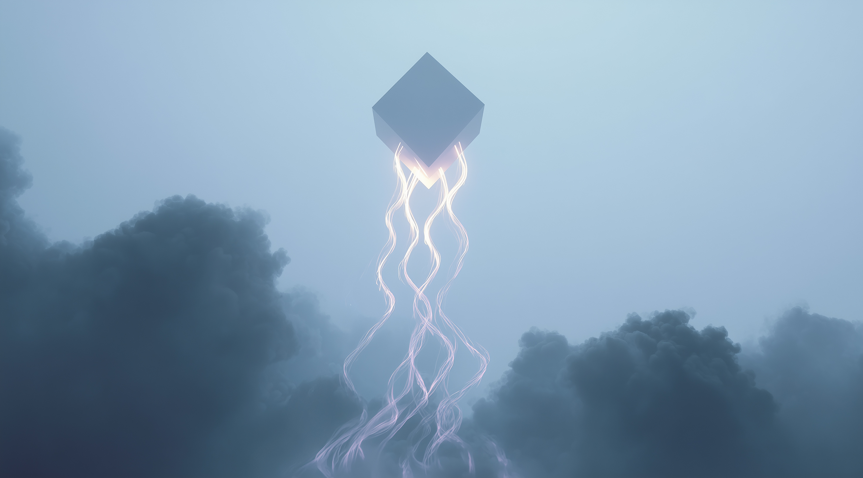 A large geometric cube hovers in a pale sky above dark storm clouds, with glowing tendrils of light streaming downward from its base.