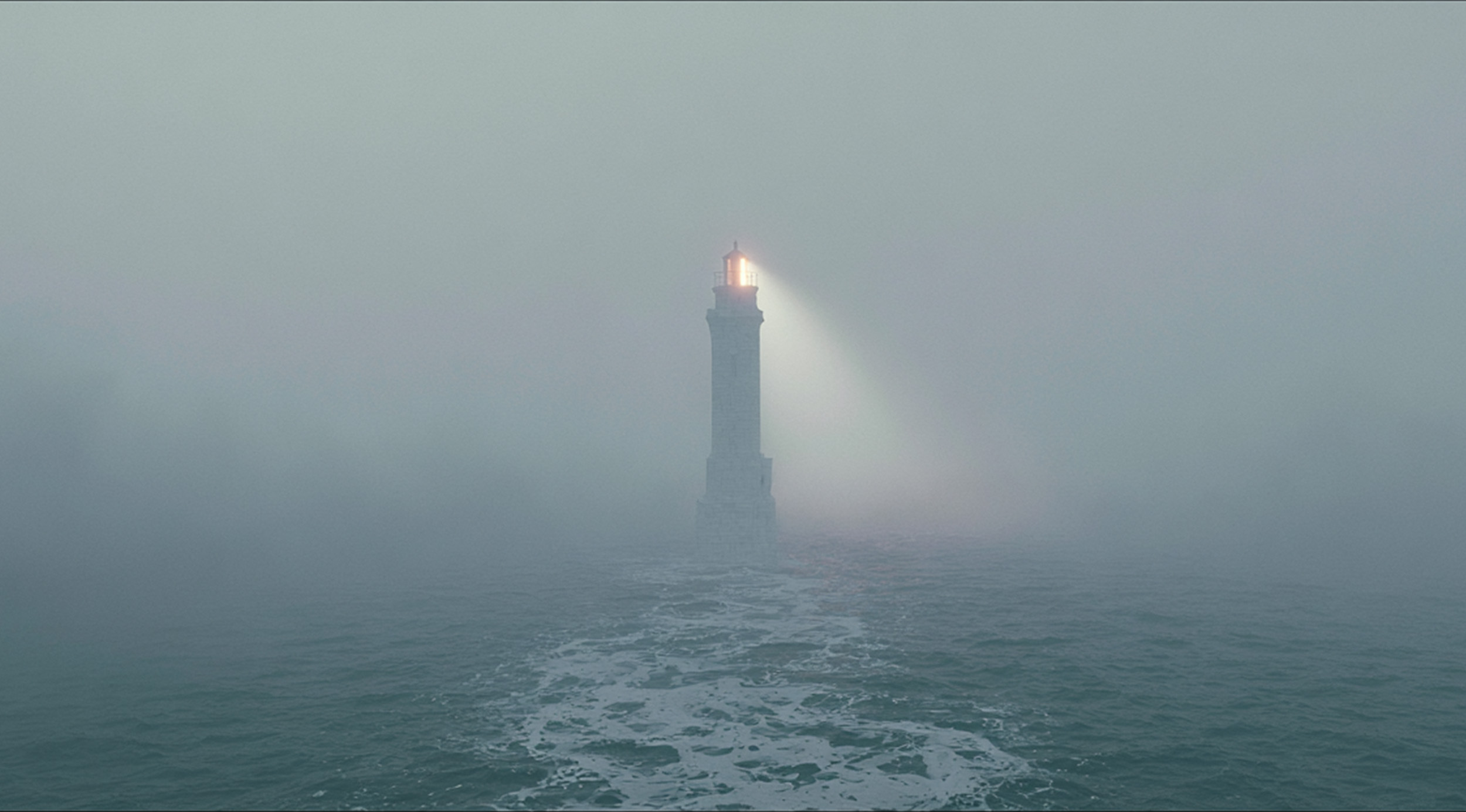 A solitary lighthouse standing in dense ocean fog, its beam quietly angled off into the mist, evoking subtle misalignment, autonomous guidance, and quiet uncertainty.