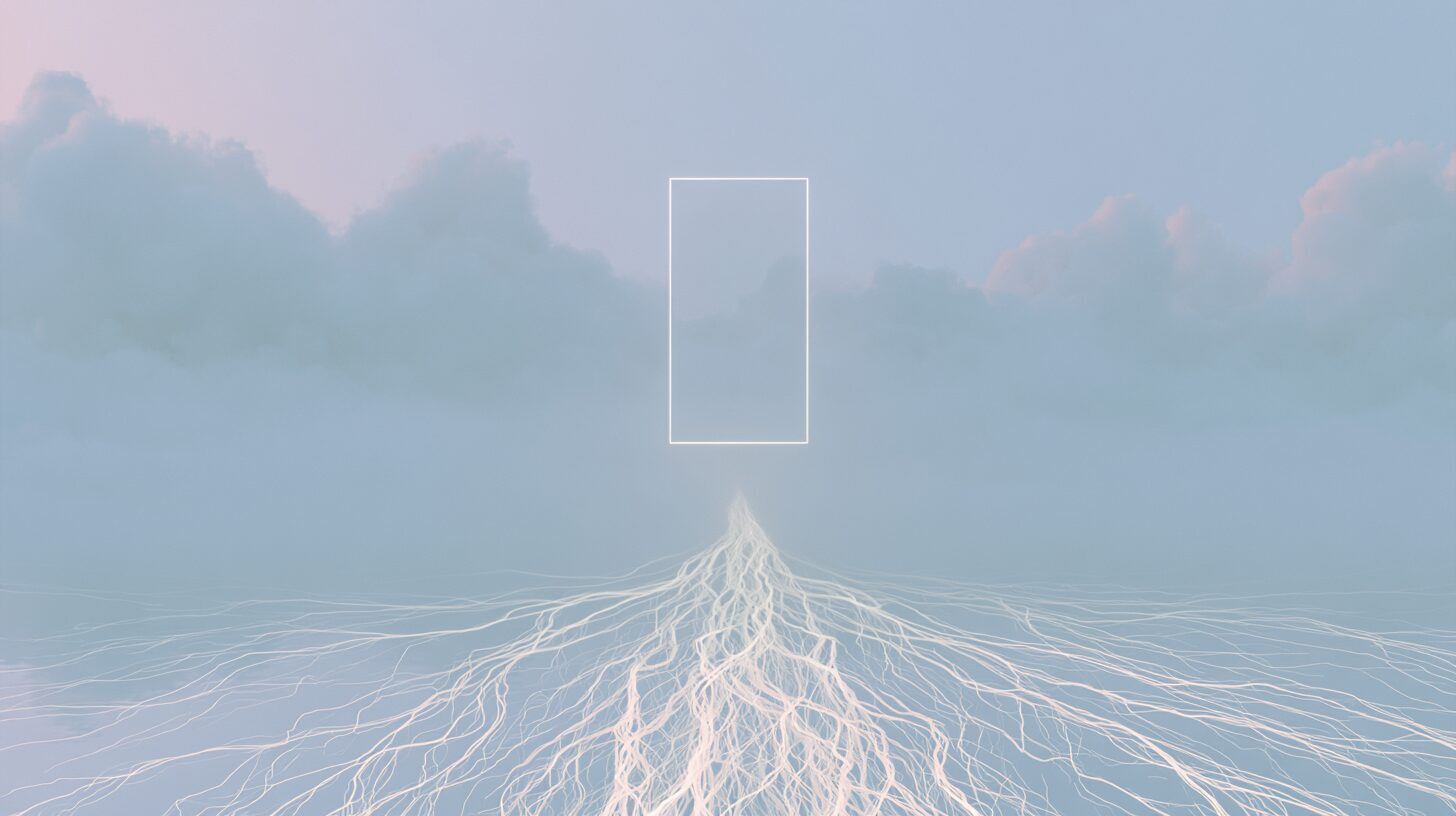 Abstract glowing root system beneath a floating rectangular screen, representing written design intent supporting the visible interface.