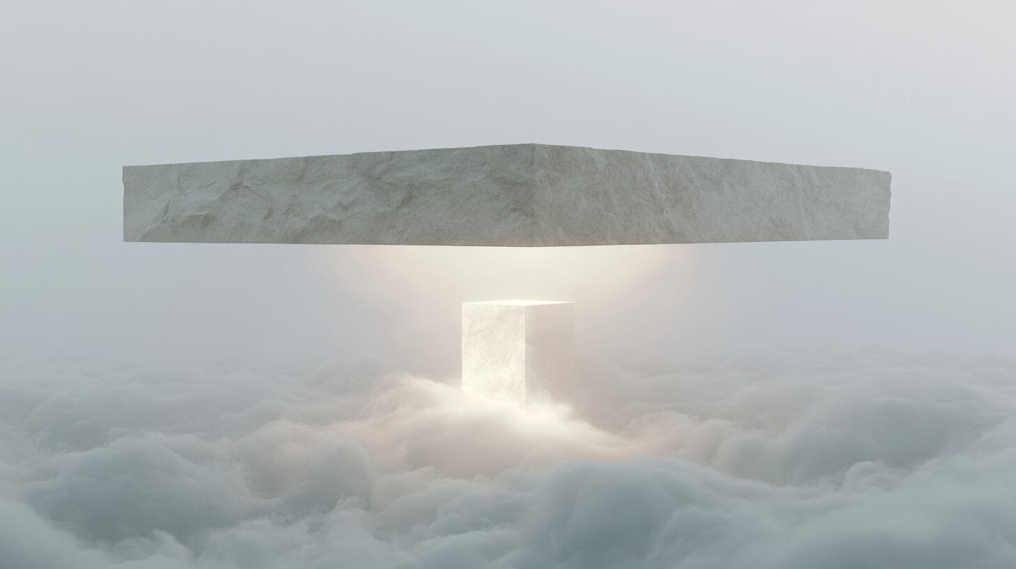 Minimal stone slab floating above clouds, supported by a glowing foundation block, representing an executable brief guiding product decisions.