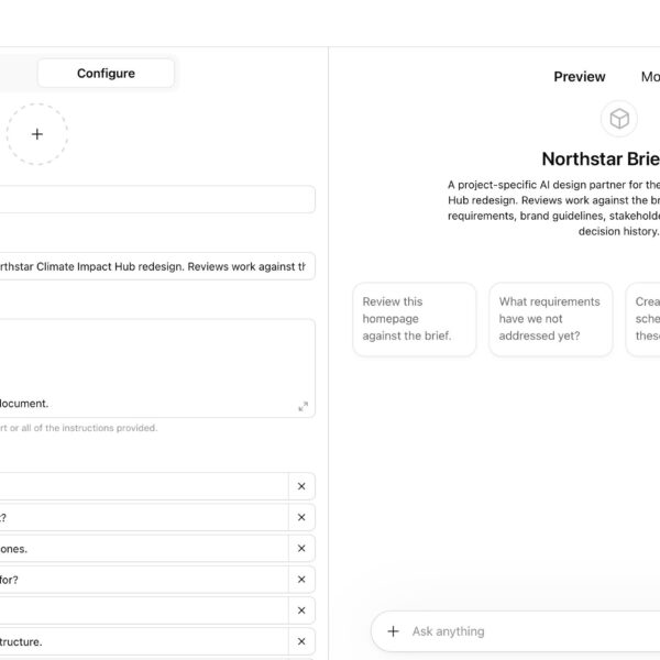 ChatGPT Custom GPT configuration screen showing the Northstar Brief OS project assistant, including custom instructions, conversation starters, and project-specific design review settings.