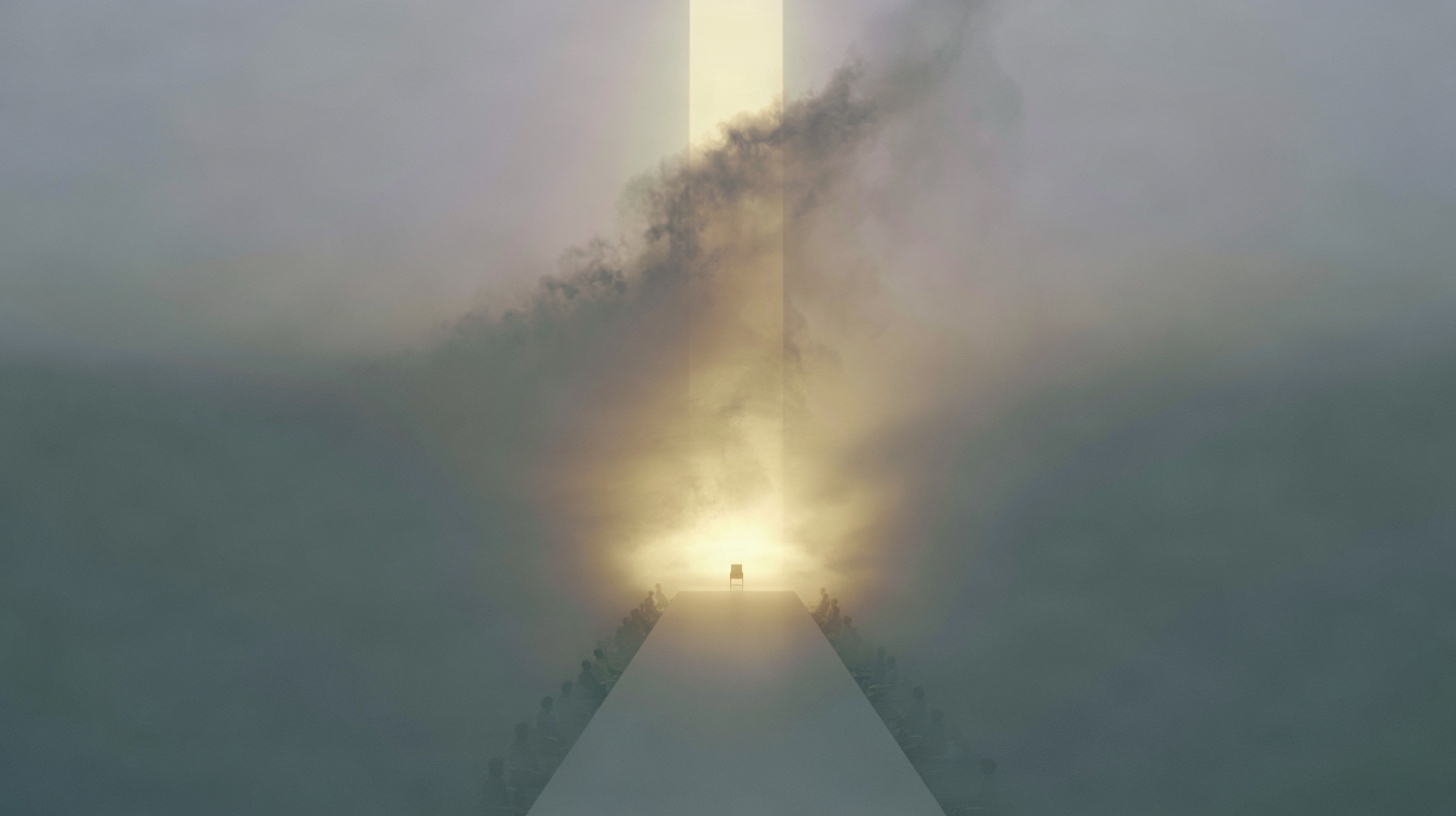 Surreal boardroom shrouded in fog, with a single illuminated chair at the head of a long table beneath a towering beam of light, symbolizing a project brief becoming an active participant in decision-making.