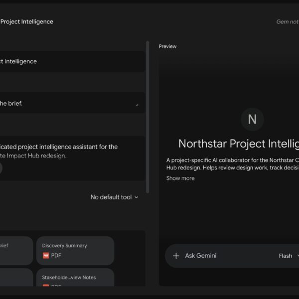 Gemini Gem editor displaying the Northstar Project Intelligence setup with custom instructions, uploaded project documents, and a preview of the AI assistant.