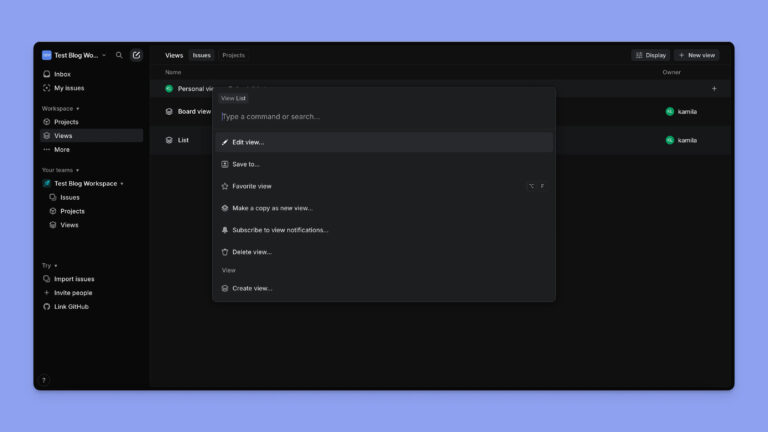 Linear's Command Palette opened with the keyboard shortcut Command-K, showing the quick actions menu that enables fast keyboard-first navigation and workflow management.