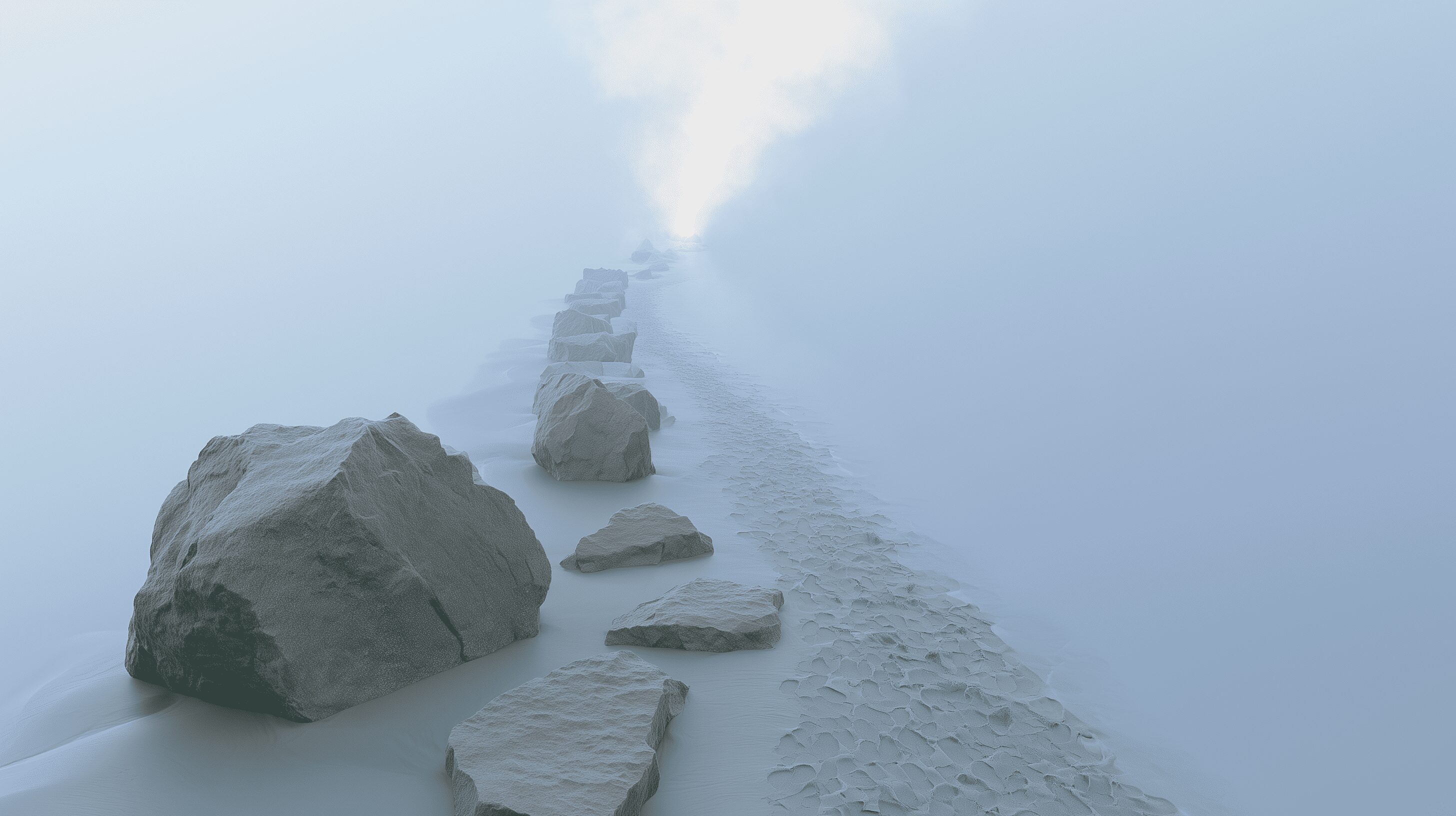 A foggy shoreline at dawn where a path of rough stepping stones gradually becomes more refined as it disappears into the mist, symbolizing the evolution of taste and restraint in design.