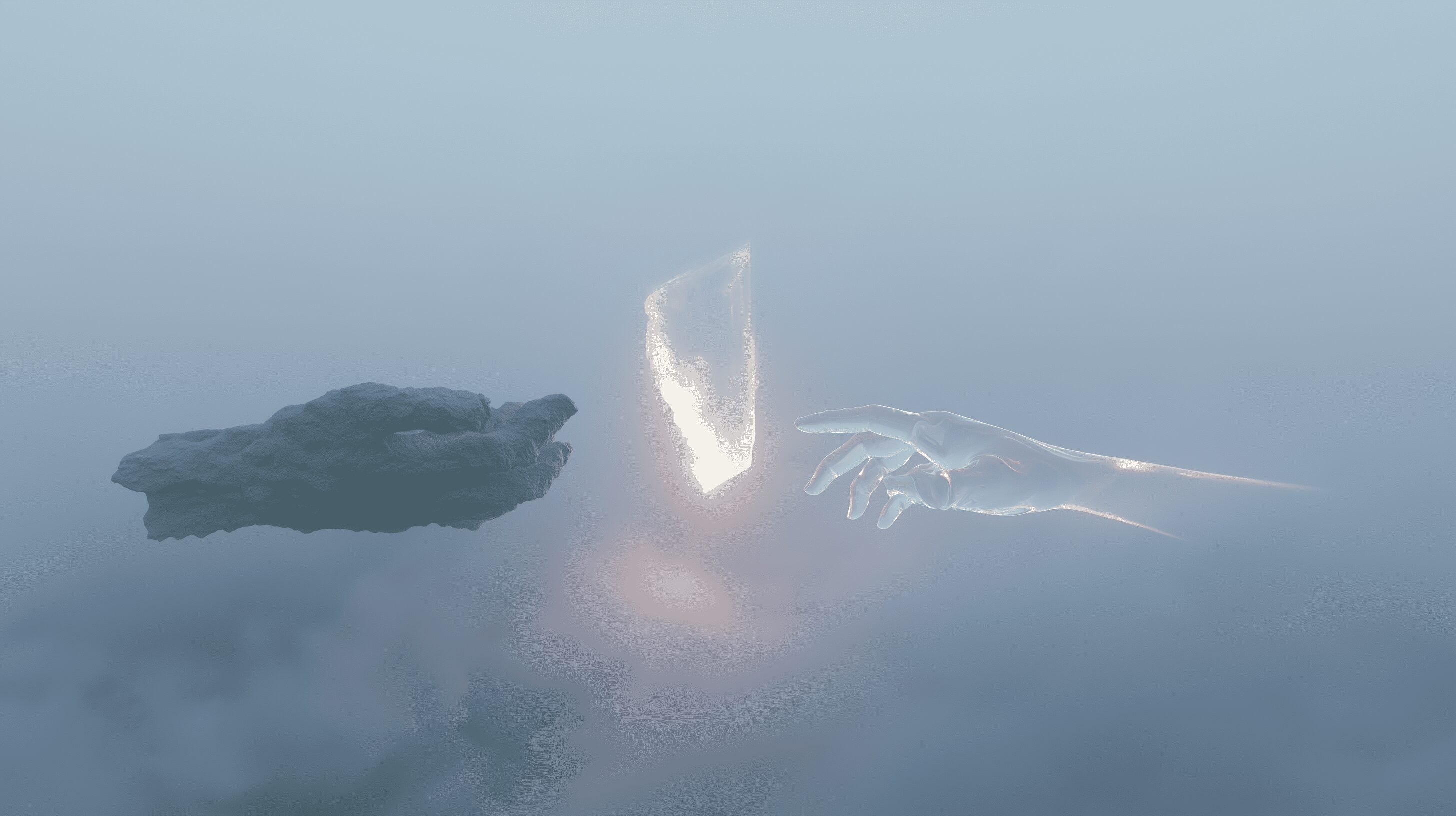 Stone hand and translucent glass hand reaching toward a glowing object, representing collaboration and the exchange of creative ideas.