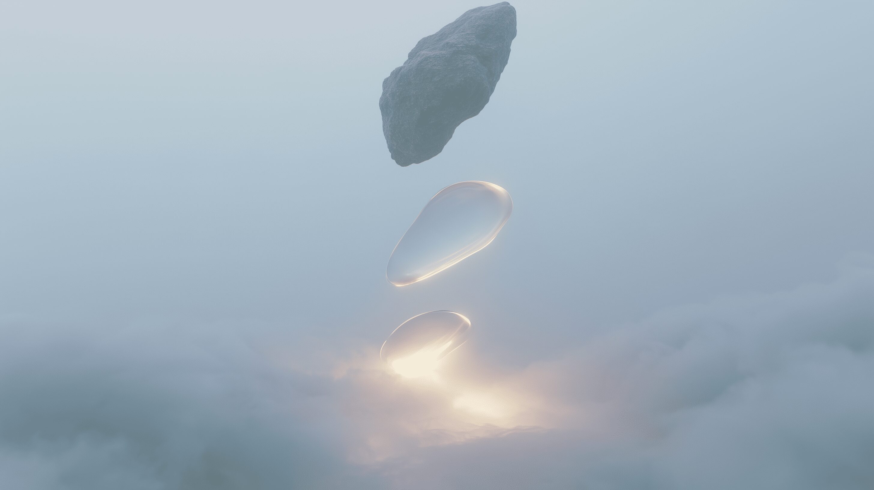 Rough stone transforming into smooth translucent forms above clouds, representing iteration and refinement in the design process.