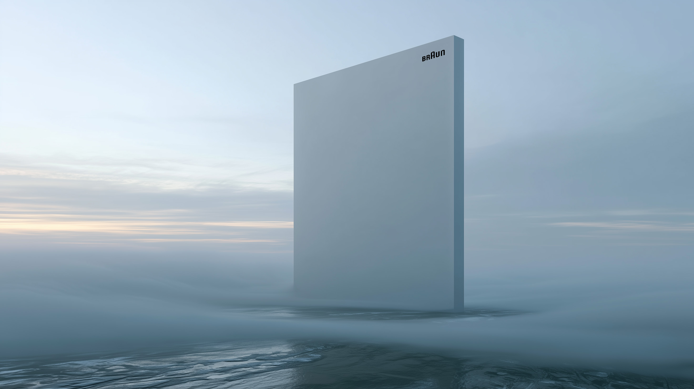 A monumental white slab bearing a small Braun logo in the upper-right corner, standing in a misty blue landscape.